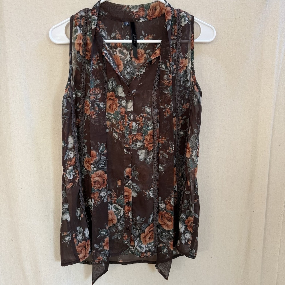 Bellatrix Womens Sleeveless Brown Floral Flowy‎ Button Up Blouse Neck Tie Size S